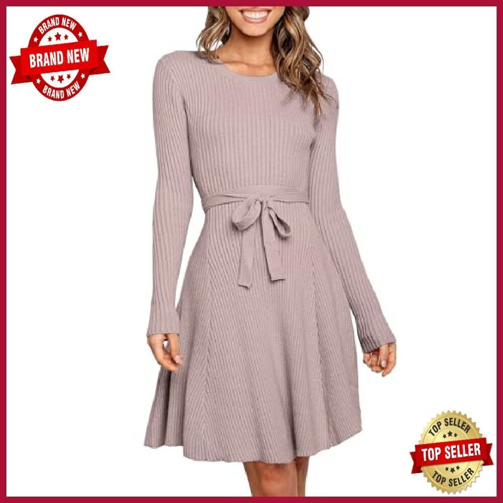 Long Sleeve Midi Dress Ribbed Knit Tie Waist Bodycon Fall Casual - Picture 3 of 8